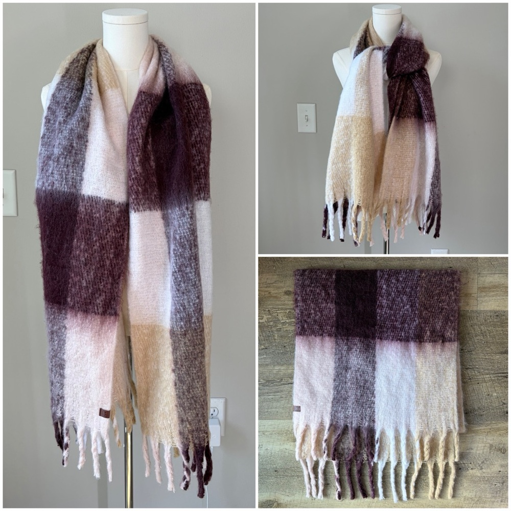 Lucky Brand Plaid Fringe Trim Oversized Blanket Scarf